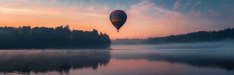 Hot Air Balloon Floating Over Calm Lake at Sunrise With Misty Forest Background