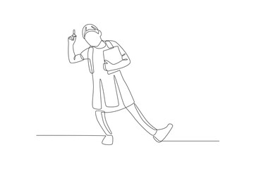 Happy girl child back to school. Back to school concept one-line drawing