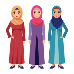 3 women character with hijab full body art vector