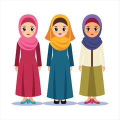 3 women character with hijab full body art vector