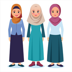 3 women character with hijab full body art vector