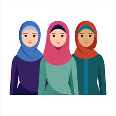 3 women character with hijab full body art vector