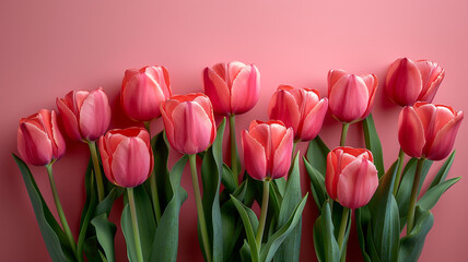 Fototapeta premium Elegant Bouquet of tulips with lush green leaves against a pink background close-up floral minimalist theme.