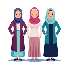 3 women character with hijab full body art vector