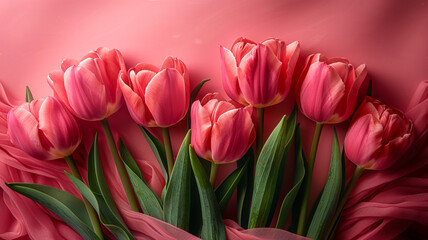 Obraz premium Elegant pink tulips with lush green leaves against a pink background close-up floral minimalist theme.