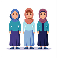 3 women character with hijab full body art vector