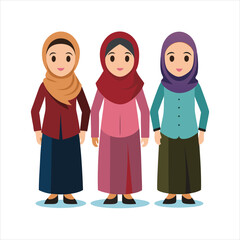 3 women character with hijab full body art vector