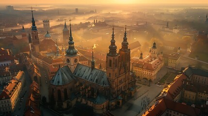 Krakow city center with St Marys Basilica from above in Krakow Poland : Generative AI