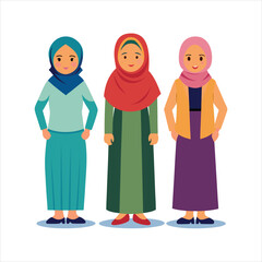 3 women character with hijab full body art vector