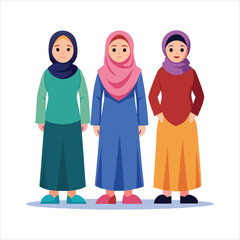 3 women character with hijab full body art vector