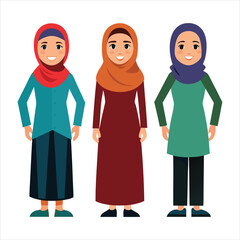 3 women character with hijab full body art vector