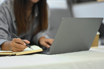 Young female freelancer working with laptop and writing in a notebook