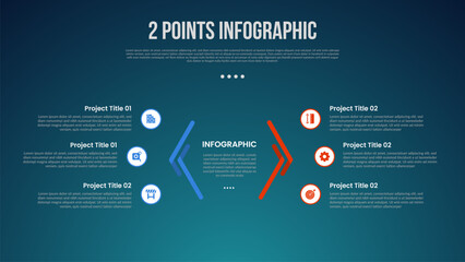 2 or two point template comparison versus things in infographic with creative line arrow opposite on center with modern dark style for slide presentation