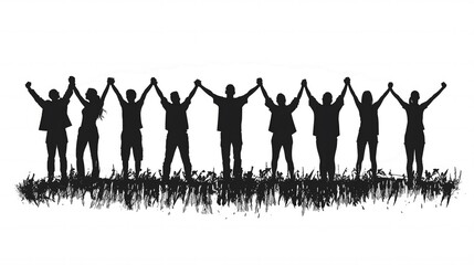 Silhouette of a group of people raising their hands in the air.