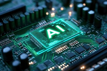 Obraz premium AI Chip on a Circuit Board with Glowing Green Lines