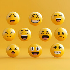 Fototapeta premium set of smileys with emotions, set of variety of yellow emoji faces with different facial expressions, stickers