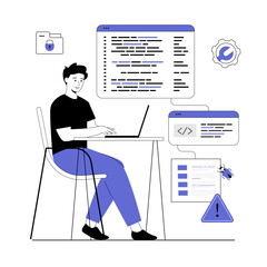 Software development, coding and problem identification. IT specialist testing software in search of bugs. Vector illustration with line people for web design.