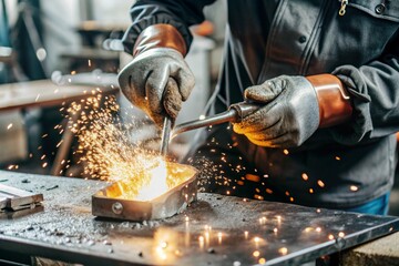 Work at the factory. Working professions. Men's hands in protective gloves with metal. There are sparks around. Hard work that requires high concentration and professionalism.