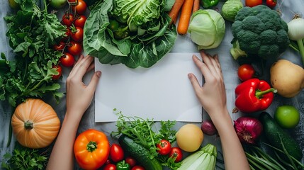World food day vegetarian day Vegan day concept Top view of woman hand covering fresh vegetables fruit on white paper background : Generative AI