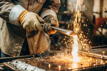 Work at the factory. Working professions. Men's hands in protective gloves with metal. There are sparks around. Hard work that requires high concentration and professionalism.