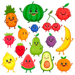 Set of cartoon fruit characters. Cute pineapple, watermelon, apple, strawberry, cherry, banana, pear, lemon, orange, apricot, raspberry,plum with arms and legs for kids. Food illustration. 