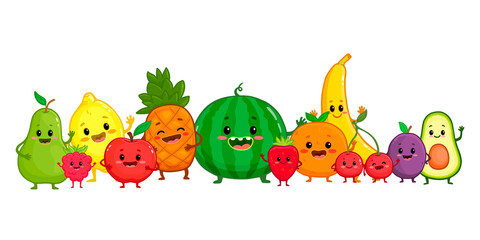 Set of cartoon fruit characters. Cute pineapple, watermelon, apple, strawberry, cherry, banana, pear, lemon, orange, apricot, raspberry,plum with arms and legs for kids. Food illustration. 
