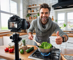 Charismatic influencer recording himself in the kitchen and creating new content.