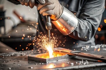 Work at the factory. Working professions. Men's hands in protective gloves with metal. There are sparks around. Hard work that requires high concentration and professionalism.