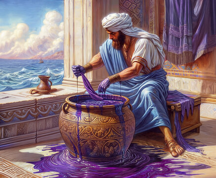 Ancient phoenician worker dyeing clothes with Tyrian purple. Digital art.