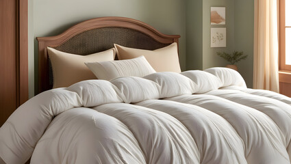 A serene bedroom with a plush, white duvet and calming, natural colors