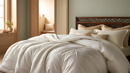 A serene bedroom with a plush, white duvet and calming, natural colors