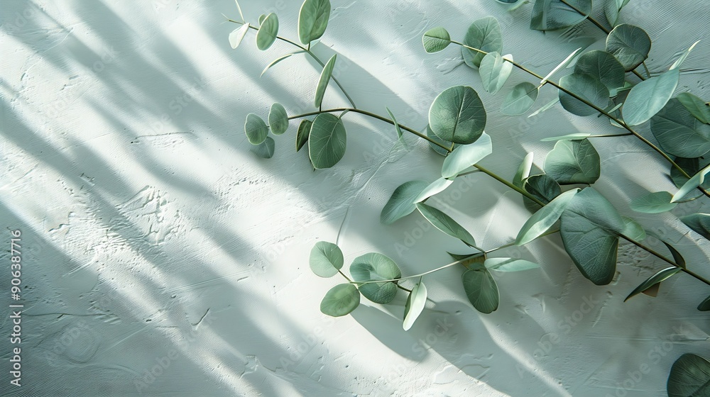 Poster green eucalyptus branch with shadows on empty light grey background backdrop for natural product pre