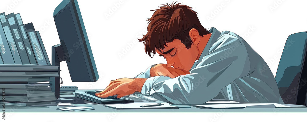 Poster a man is sleeping at his desk with a computer monitor and keyboard in front of him. the scene is set