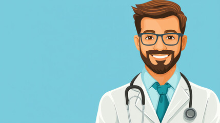 Fototapeta premium A man in a white lab coat and glasses is smiling. He is a doctor. The background is blue