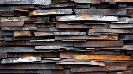 Stack of weathered metal plates with rust and patina. The image showcases a pile of old and corroded metal pieces arranged together.