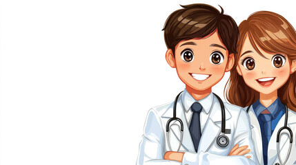 Fototapeta premium A cartoon of a man and woman in white lab coats. They are smiling and looking at the camera