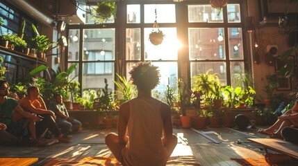 View from behind of a person meditating in a sunlit room filled with plants. Other participants are seated around the room, creating a serene and communal atmosphere