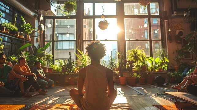 View from behind of a person meditating in a sunlit room filled with plants. Other participants are seated around the room, creating a serene and communal atmosphere