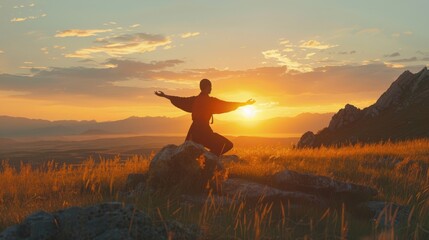 Fototapeta premium A person gracefully performs Qi Gong amidst golden grass, enjoying the tranquility of a sunset on a mountain, fostering peace and connection with nature