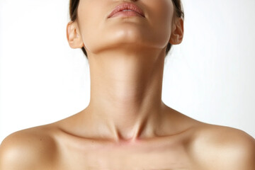 Fototapeta premium Female checking thyroid gland by herself, Concept of sore throat, Thyroid,pharyngitis, laryngitis, hypothyroidism, choking