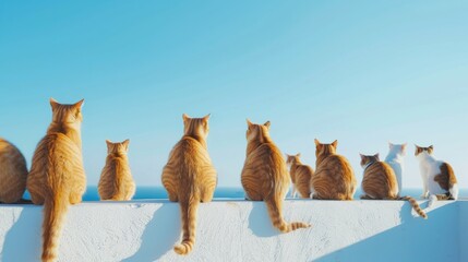 A group of cats sitting on a white roof with a blue sky background, back view. Traveling to Greek. Banner