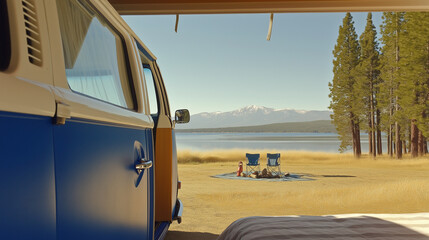 Scenic Lake View from a Vintage Camper Van