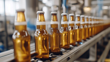 A row of beer bottles are being made on a production line