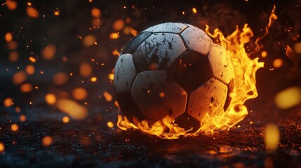 Fototapeta premium A burning soccer ball on a black background. 3D illustration with space for text.