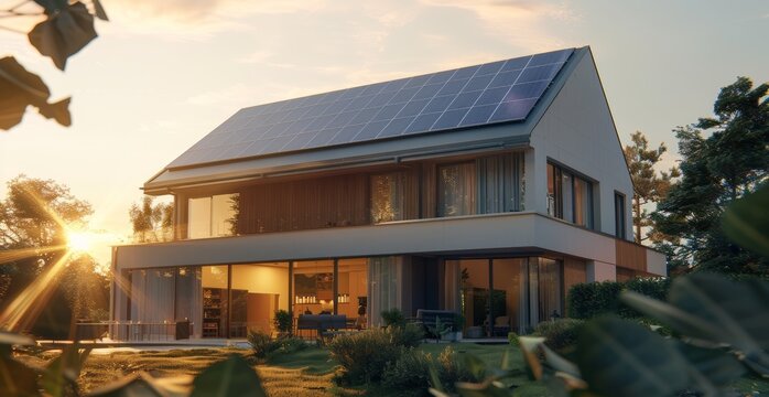 A modern house with solar panels on top of the roof, eco-friendly green nature installment, home energy solutions, professional photography