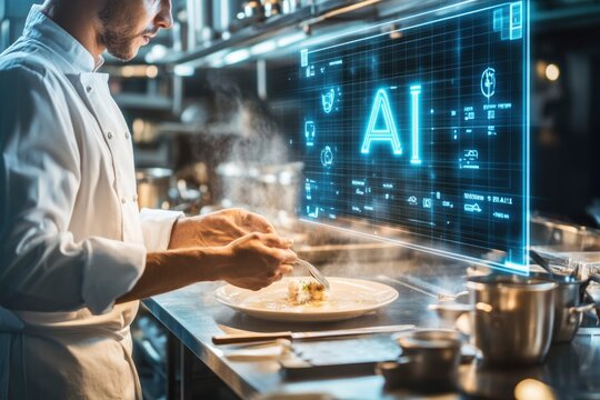 Chef Preparing Food in a Modern Kitchen with AI Technology
