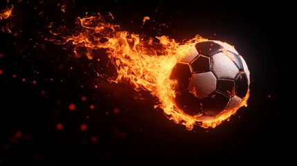 Naklejka premium A burning soccer ball on a black background. 3D illustration with space for text.