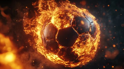 A burning soccer ball on a black background. 3D illustration with space for text.