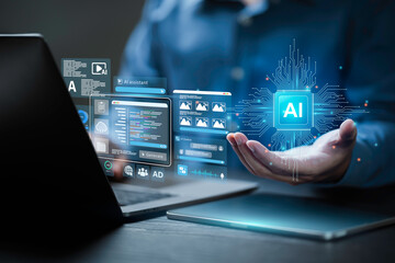 Ai generate concept. Artificial Intelligence Content Generator tool. Computer chip processor...