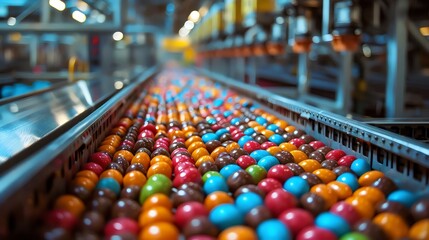 Fototapeta premium A conveyor belt of colorful candy is being made in a factory
